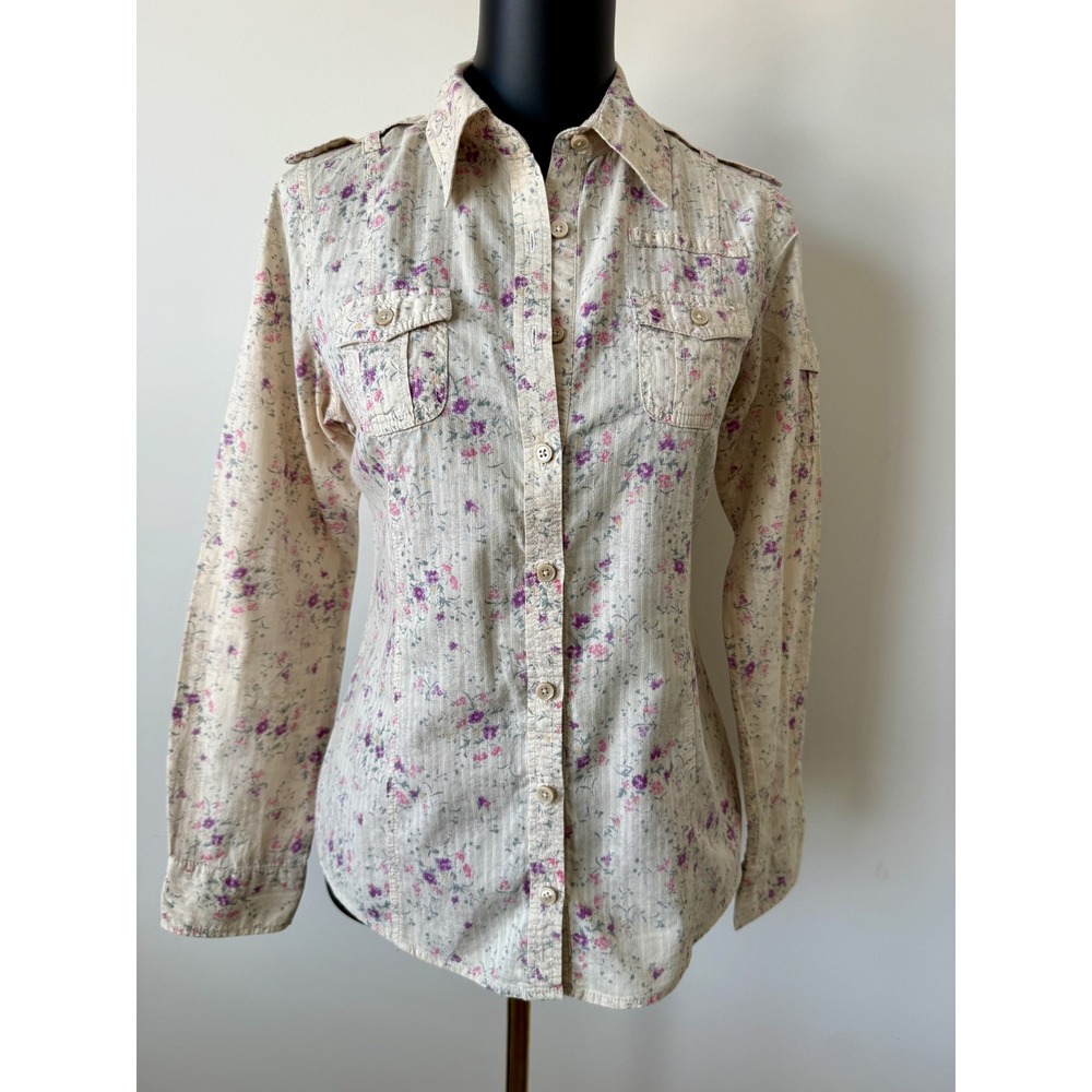 Mudd Womens Floral Western Button Up Shirt Cream Purple Cotton Large Long Sleeve